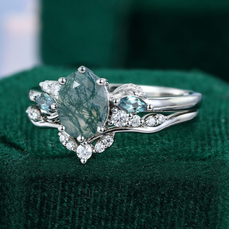 Oval Cut Moss Agate & Alexandrite Cluster Bridal Ring Set (3)