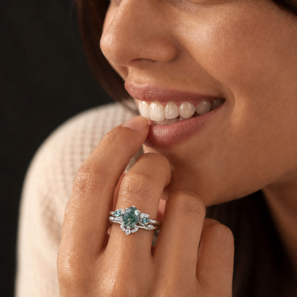 Oval Cut Moss Agate & Alexandrite Cluster Bridal Ring Set