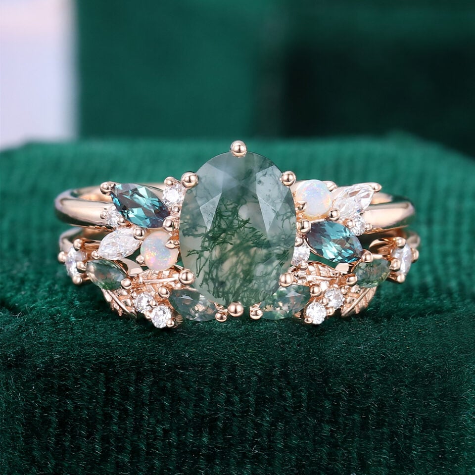 Oval Cut Moss Agate Moonlit Garden Bridal Set Mixed Gemstones Cluster Engagement Ring Set