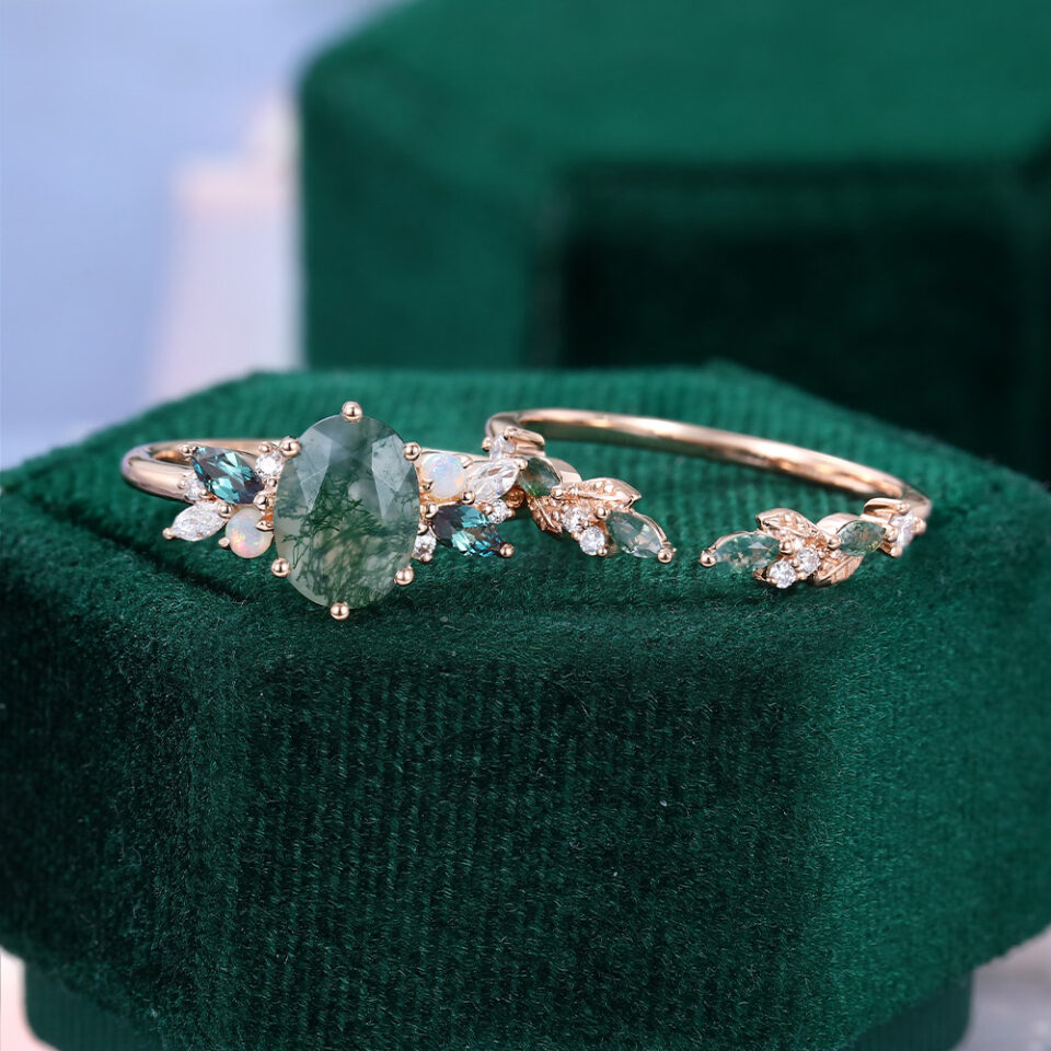 Oval Cut Moss Agate Moonlit Garden Bridal Set Mixed Gemstones Cluster Engagement Ring Set (2)