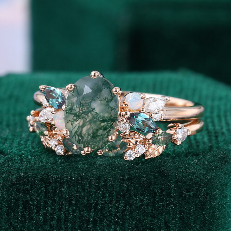 Oval Cut Moss Agate Moonlit Garden Bridal Set Mixed Gemstones Cluster Engagement Ring Set (4)