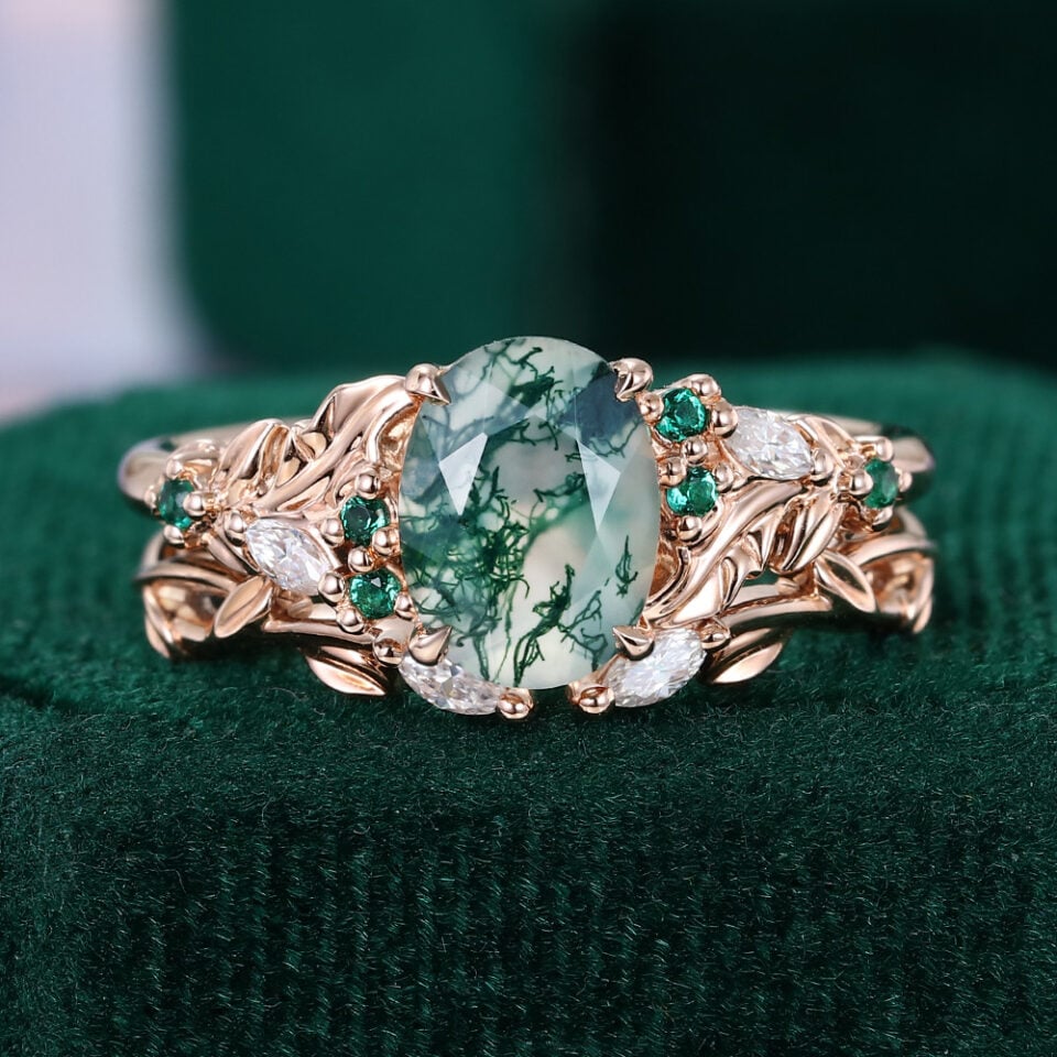 Oval Cut Moss Agate Nature Inspired Olive Leaf Bridal Set With Lab Emeralds Accents