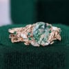 Oval Cut Moss Agate Nature Inspired Olive Leaf Bridal Set With Lab Emeralds Accents (2)