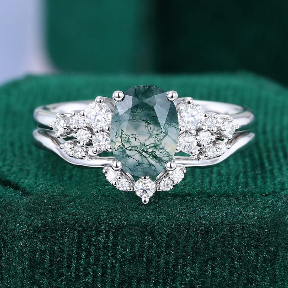 Oval Cut Moss Agate Snowdrift Cluster Bridal Set