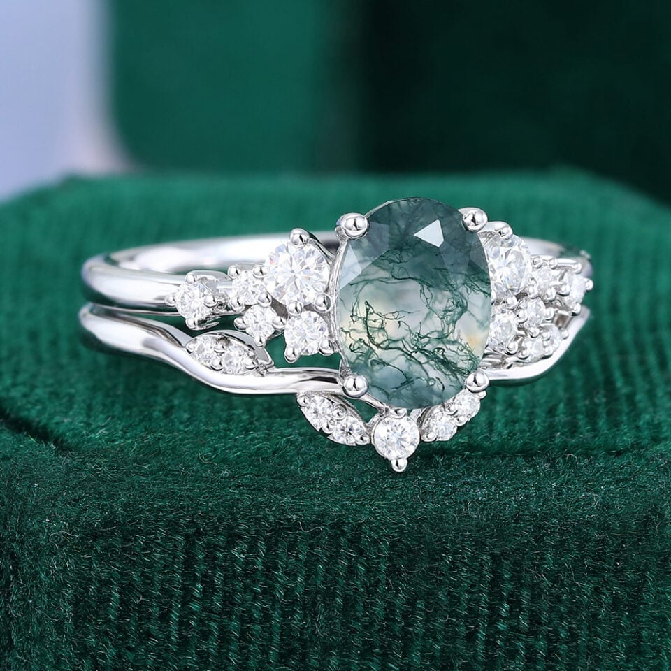 Oval Cut Moss Agate Snowdrift Cluster Bridal Set (2)