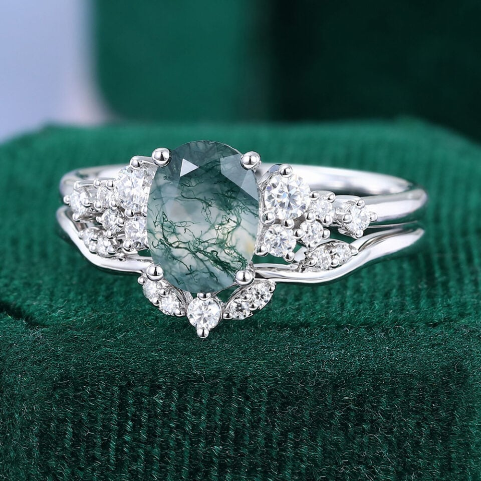 Oval Cut Moss Agate Snowdrift Cluster Bridal Set (3)