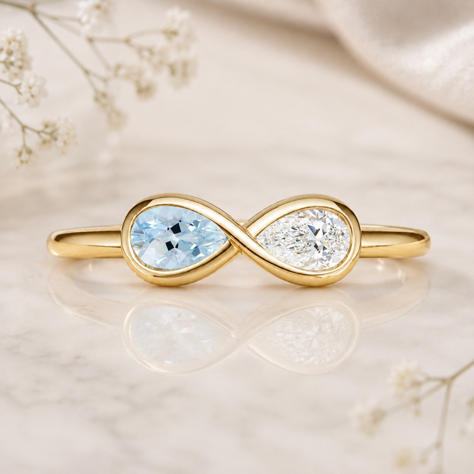 Pear cut aquamarine & lab diamond infinity toi et moi engagement ring