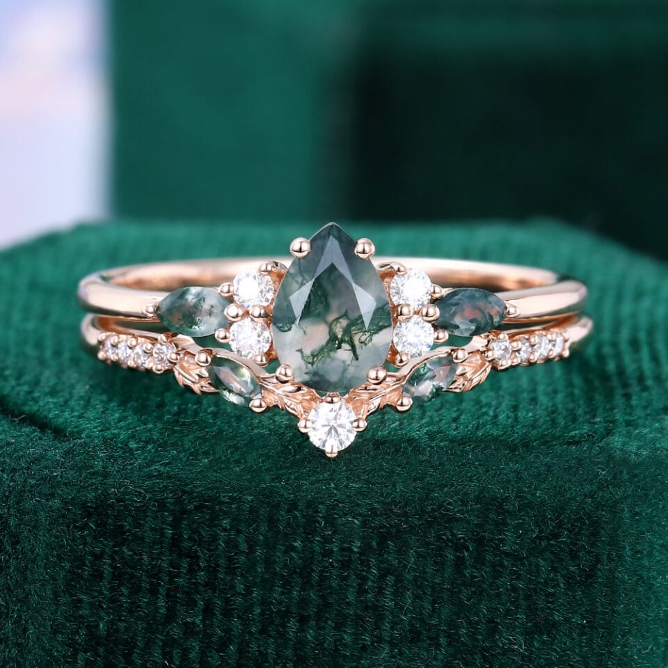 Pear Cut Moss Agate Bridal Ring Set With Leaf Accents