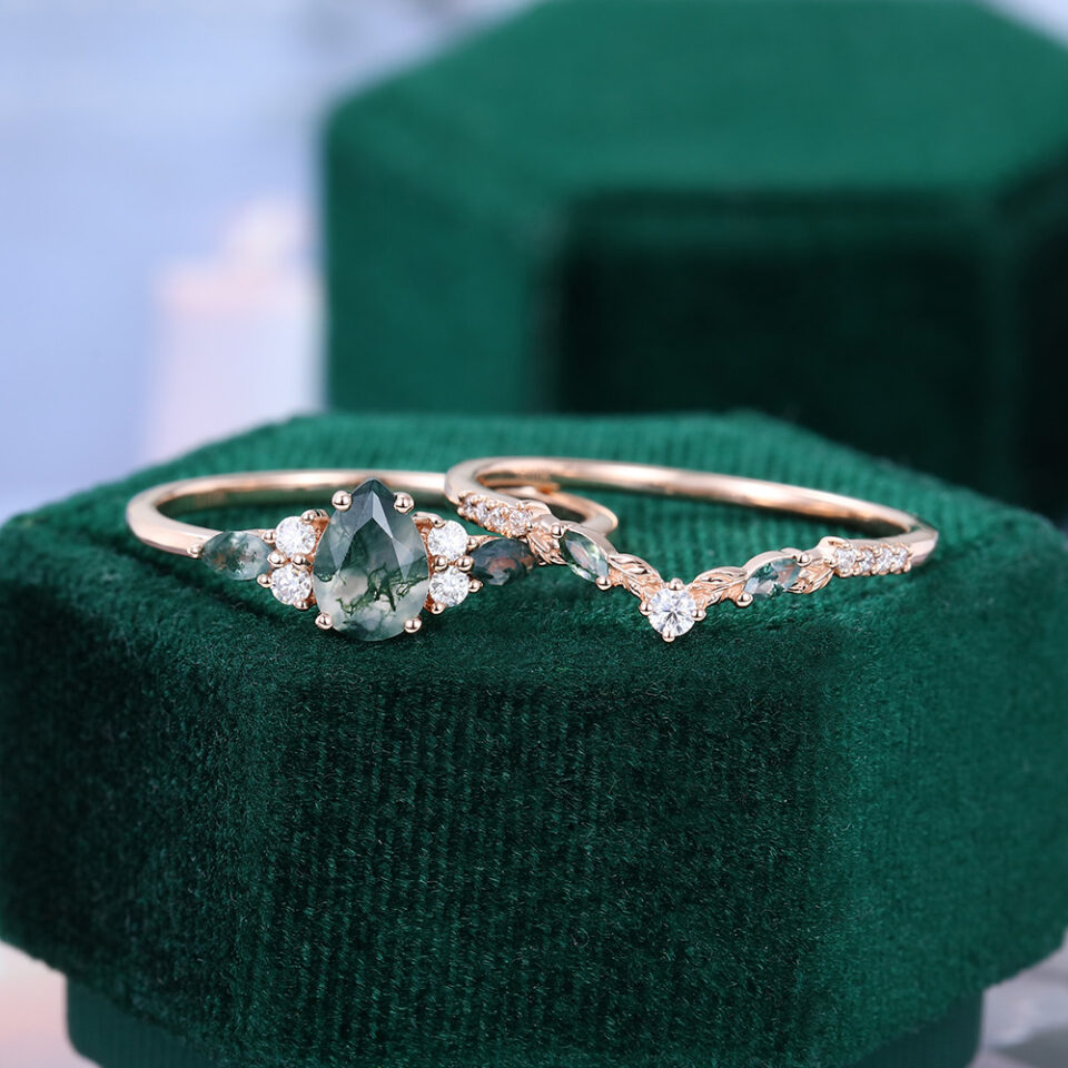 Pear Cut Moss Agate Bridal Ring Set With Leaf Accents (2)