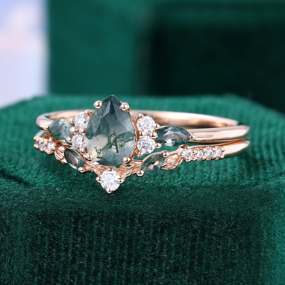 Pear Cut Moss Agate Bridal Ring Set With Leaf Accents (4)