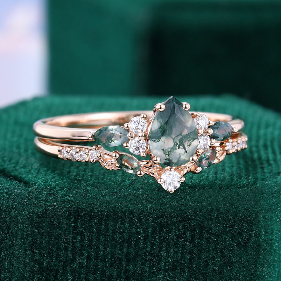 Pear Cut Moss Agate Bridal Ring Set With Leaf Accents (5)