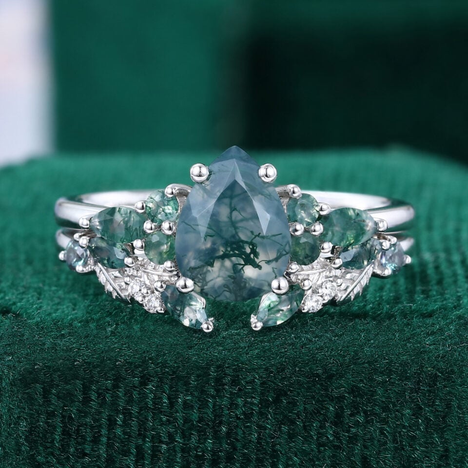 Pear Cut Moss Agate Nature Inspired Bridal Set With Alexandrite Accents
