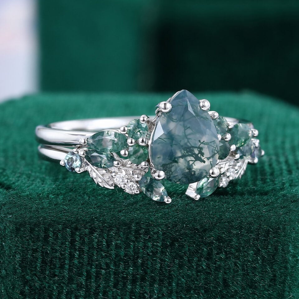Pear Cut Moss Agate Nature Inspired Bridal Set With Alexandrite Accents (2)