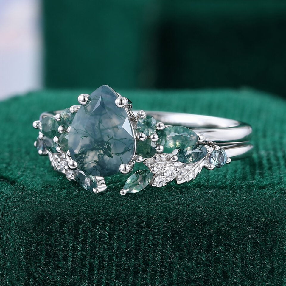 Pear Cut Moss Agate Nature Inspired Bridal Set With Alexandrite Accents (3)