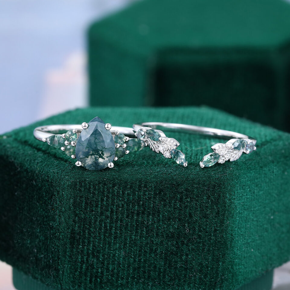 Pear Cut Moss Agate Nature Inspired Bridal Set With Alexandrite Accents (5)