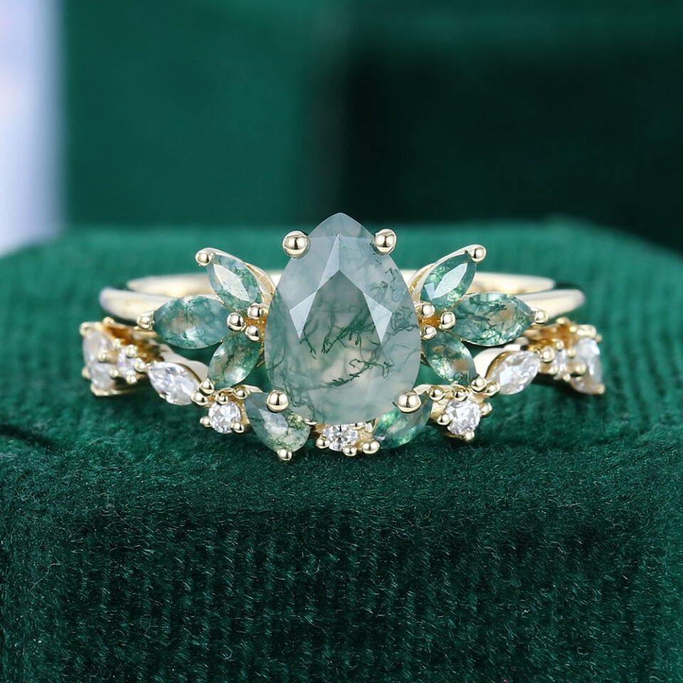 Pear Cut Moss Agate Sylvan Garland Bridal Set
