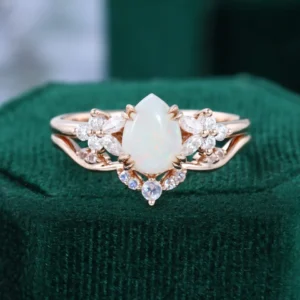 Pear Shaped Natural Opal Bridal Ring Set
