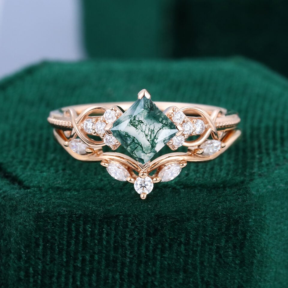 Princess Cut Moss Agate Eternal Knot Bridal Set