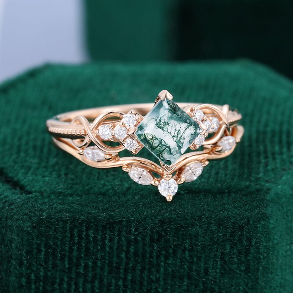 Princess Cut Moss Agate Eternal Knot Bridal Set (2)