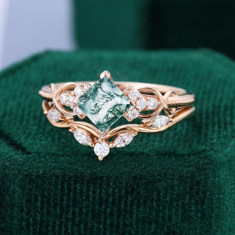 Princess Cut Moss Agate Eternal Knot Bridal Set (3)