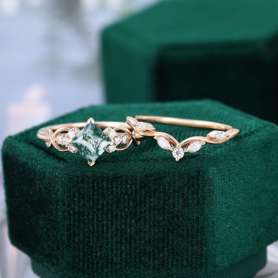 Princess Cut Moss Agate Eternal Knot Bridal Set (5)