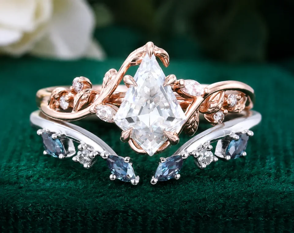 Rose gold engagement ring with white gold wedding band set