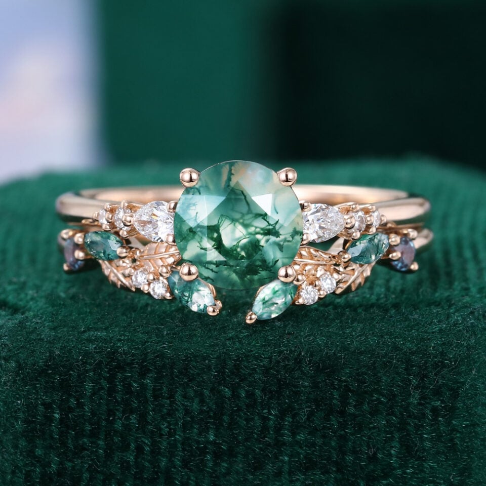 Round Cut Moss Agate 2PCS Garden Themed Bridal Set