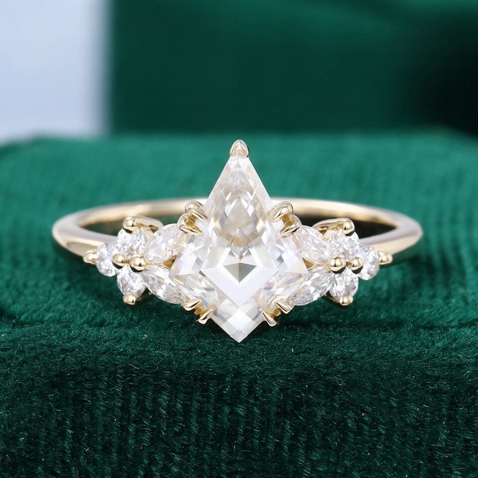 Ships Now | Kite Cut Moissanite Blossom Cluster Double Claw Engagement Ring in 10K Yellow Gold (Size 6US)