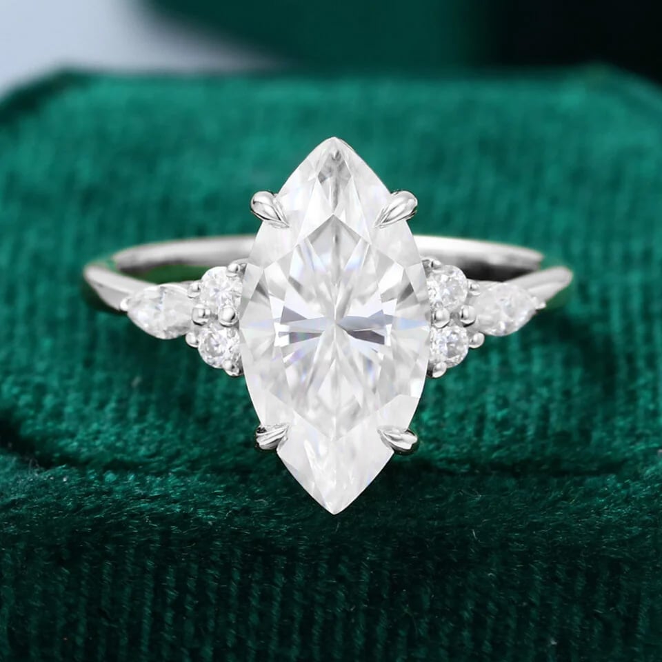 Ships Now  Marquise Cut Moissanite Classic Cluster Engagement Ring in 10K White Gold (Size 6.5US)