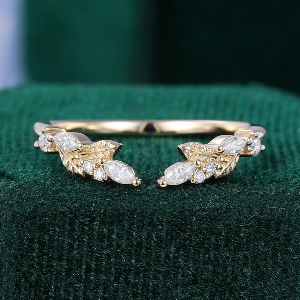 Ships Now | Marquise & Round Cut Moissanite Leaf Open Curved Wedding Band in 10K Yellow Gold (Size 7.5US)
