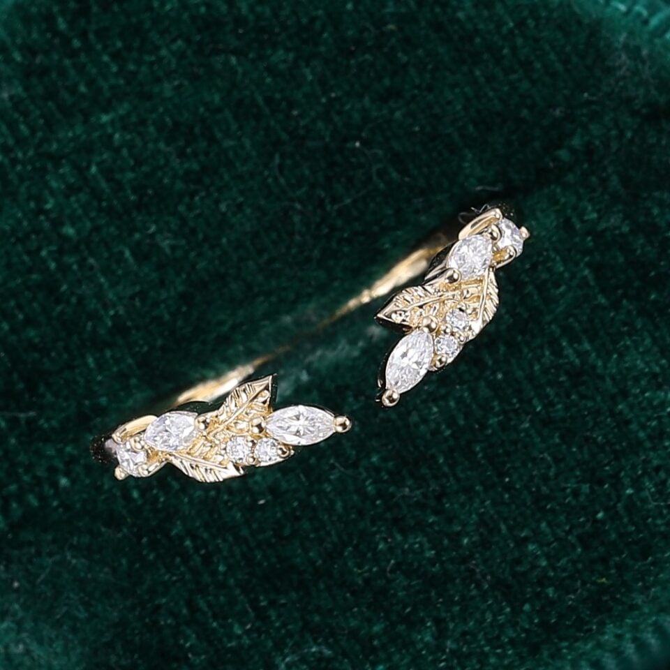 Ships Now Marquise & Round Cut Moissanite Leaf Open Curved Wedding Band in 10K Yellow Gold (Size 7 (5)