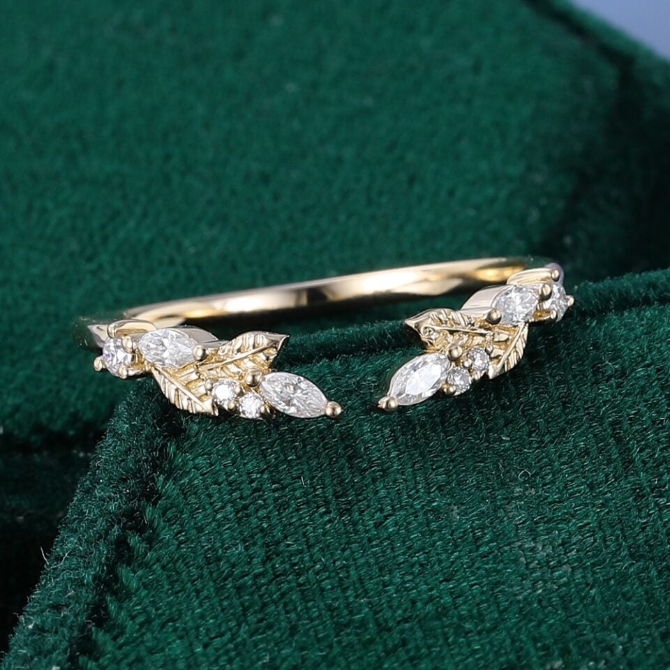 Ships Now Marquise & Round Cut Moissanite Leaf Open Curved Wedding Band in 10K Yellow Gold (Size 7 (6)