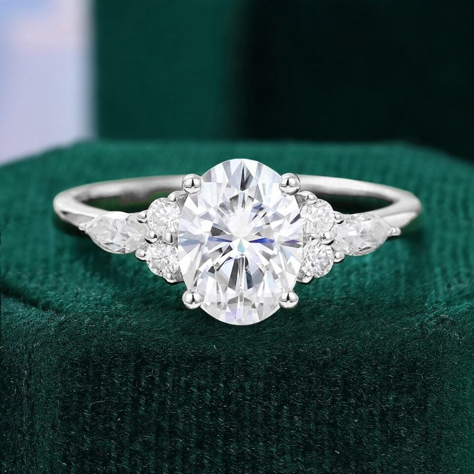 Ships Now | Oval Cut Moissanite Classic Side Stone Engagement Ring in 14K White Gold (Size 7.5US)