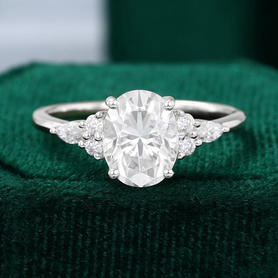 Ships Now | Oval Cut Moissanite Classic Side Stone Engagement Ring in 14K White Gold (Size 7US)