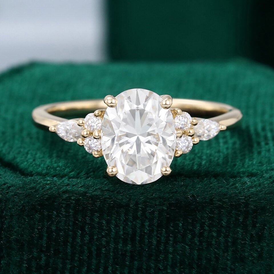 Ships Now | Oval Cut Moissanite Classic Side Stone Engagement Ring in 18K Yellow Gold (Size 5.5US)