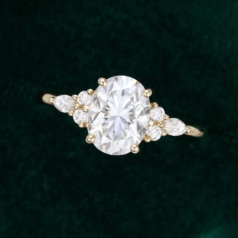 Ships Now Oval Cut Moissanite Classic Side Stone Engagement Ring in 18K Yellow Gold (Size 5 (6)