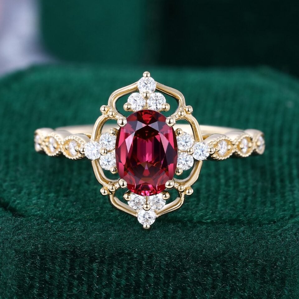 Ships Now | Oval Cut Raspberry Garnet Vintage Trinity Halo Engagement Ring in 14K Yellow Gold (Size 7.5US)