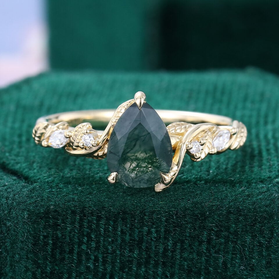 Ships Now | Pear Cut Moss Agate Nature-Inspired Leaf Engagement Ring in 10K Yellow Gold (Size 5US)