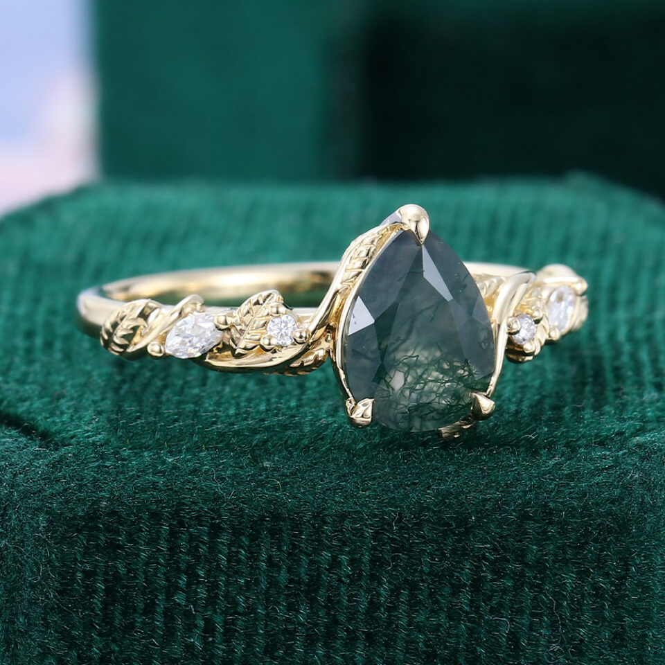 Ships Now Pear Cut Moss Agate Nature-Inspired Leaf Engagement Ring in 10K Yellow Gold (Size 5US) (2)