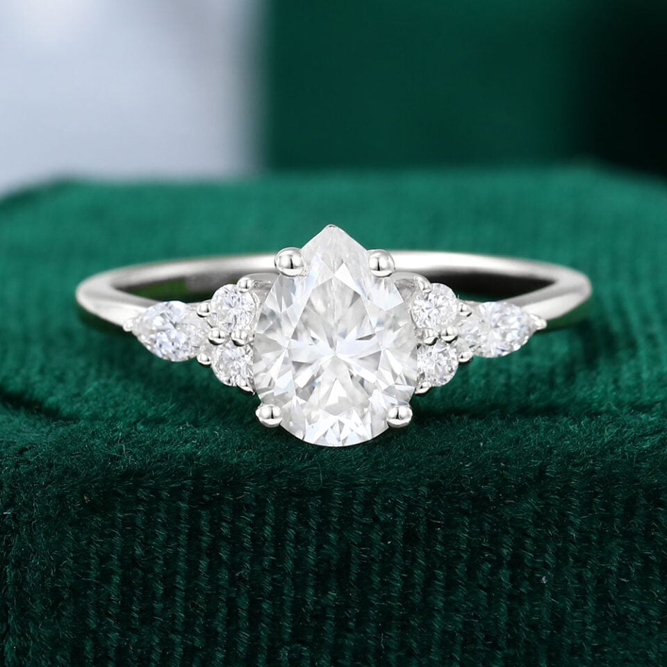 Ships Now | Pear Shaped Moissanite Classic Cluster Engagement Ring in 18K White Gold (Size 7US)