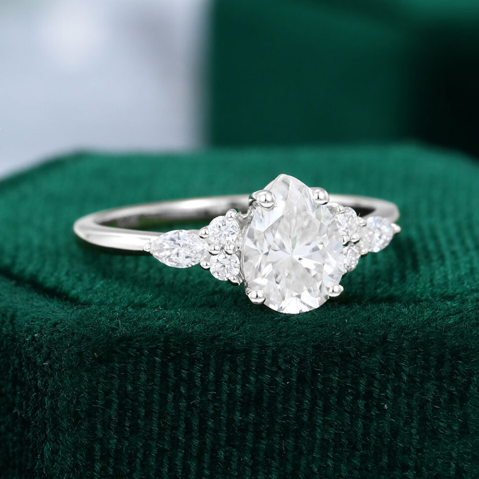 Ships Now Pear Shaped Moissanite Classic Cluster Engagement Ring in 10K White Gold (Size 6 (3)