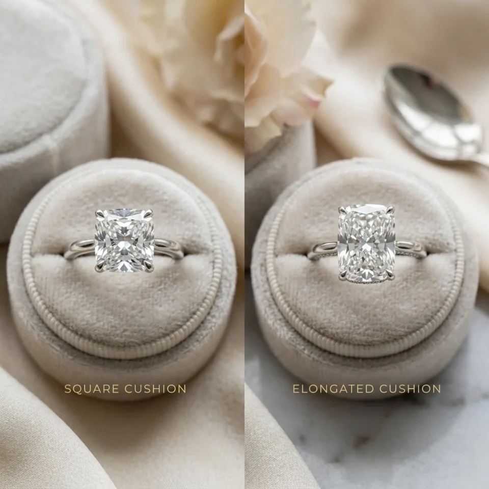 Side by side comparison of a square cushion cut engagement ring and an elongated cushion cut engagement ring in velvet ring boxes