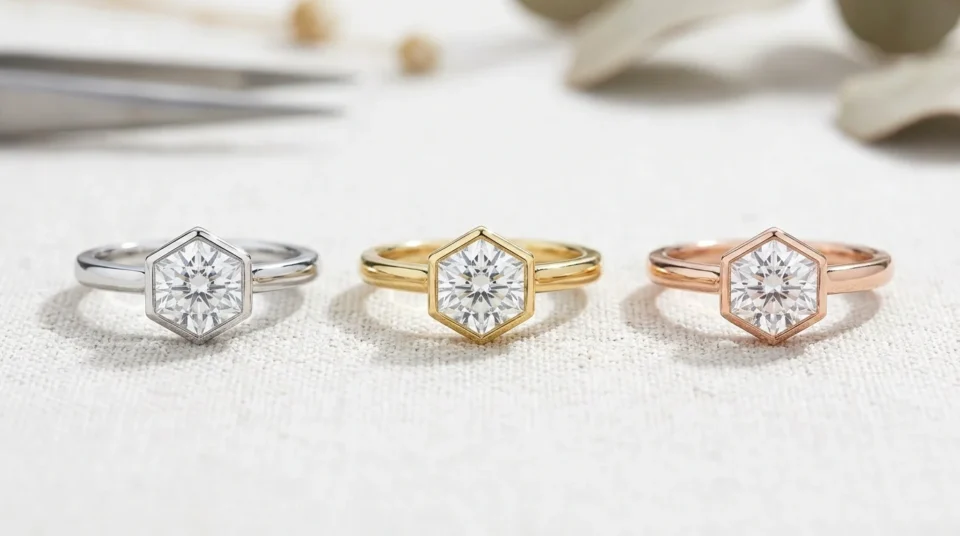Three hexagon solitaire engagement rings, each set in a different gold color—white, yellow, and rose—showing how metal color affects the ring's style