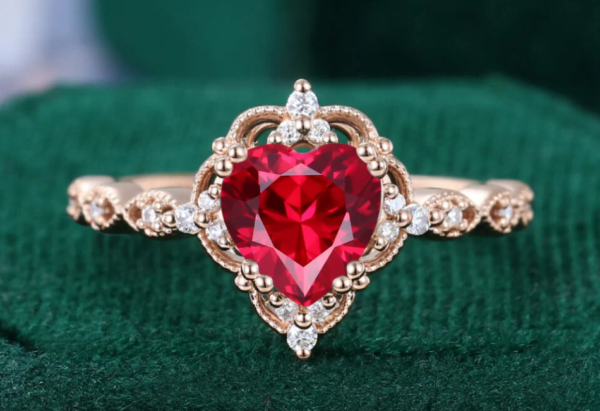 Heart Shaped Lab Ruby Milgrain Vintage Engagement Ring