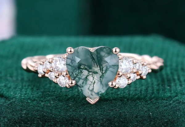 Heart Shaped Moss Agate Engagement Ring with 3/4 Twisted Band