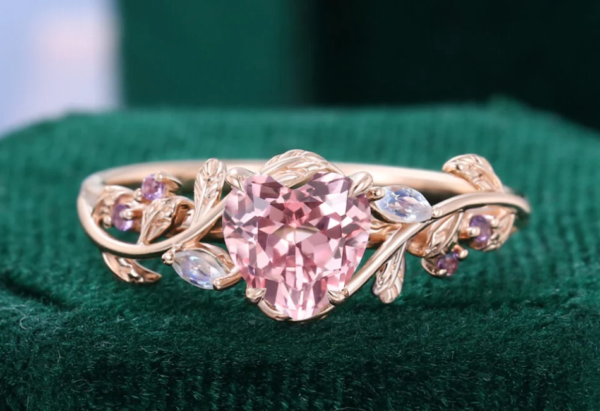 LeafLace | Heart Shaped Pink Sapphire Engagement Ring with Moonstone & Amethyst Accents