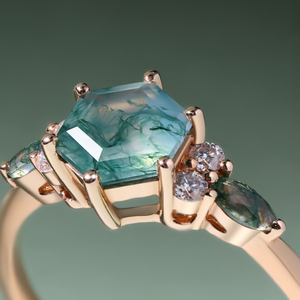 Hexagon moss agate engagement ring