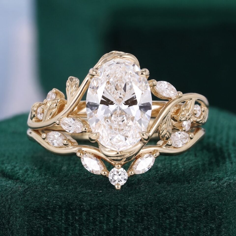 1.5CT Oval Cut Lab Grown Diamond Bridal Ring Set Nature Inspired Leaf Ring Set