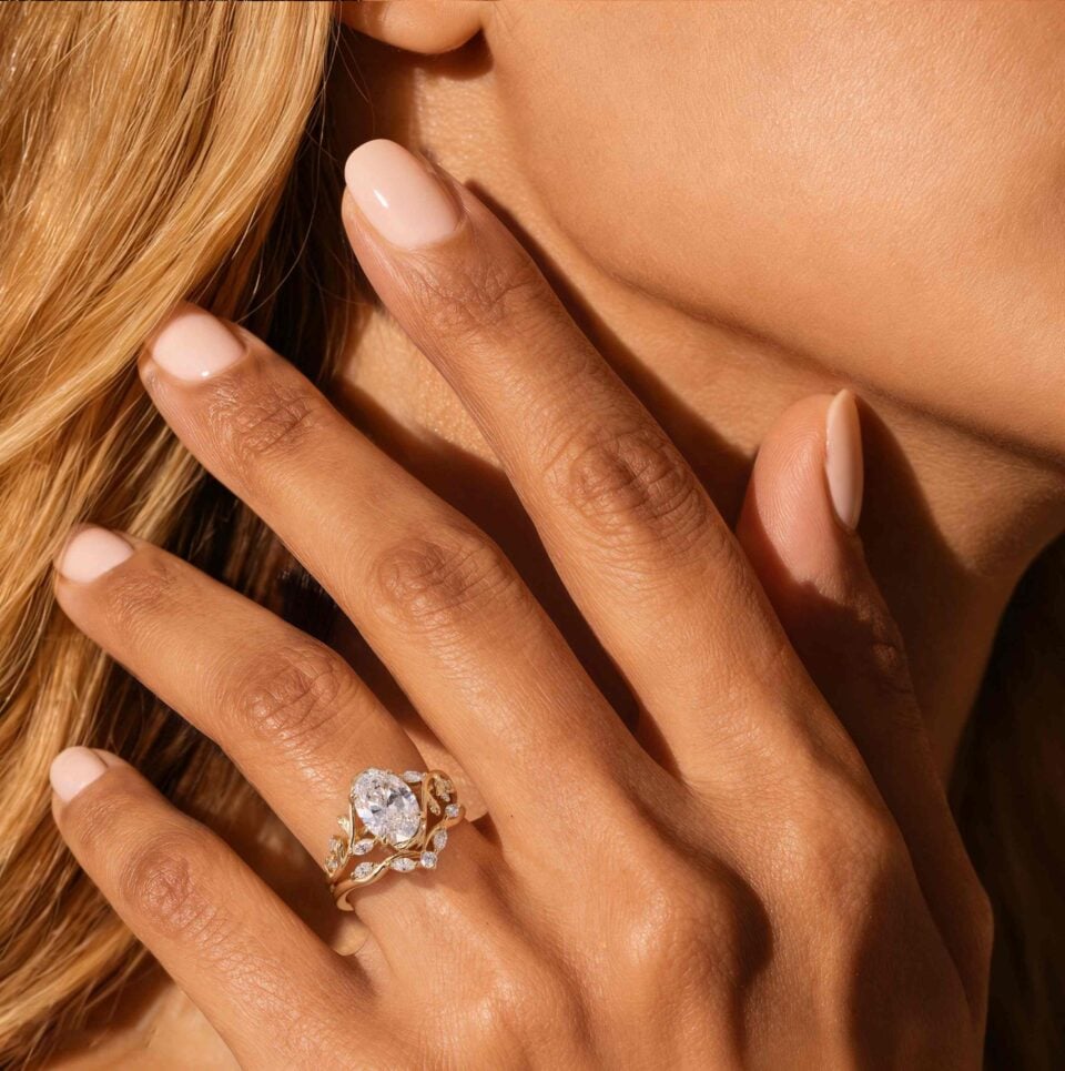 1.5CT Oval Cut Lab Grown Diamond Bridal Ring Set Nature Inspired Leaf Ring Set (2)
