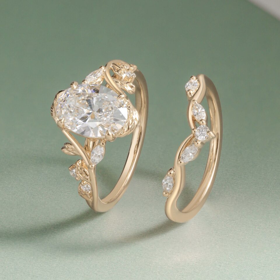 1.5CT Oval Cut Lab Grown Diamond Bridal Ring Set Nature Inspired Leaf Ring Set (3)